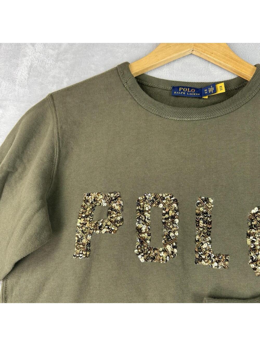 Polo Ralph Lauren Sweatshirt Olive Sequin Logo Crewneck Pullover Women XS Preppy - Picture 9 of 9